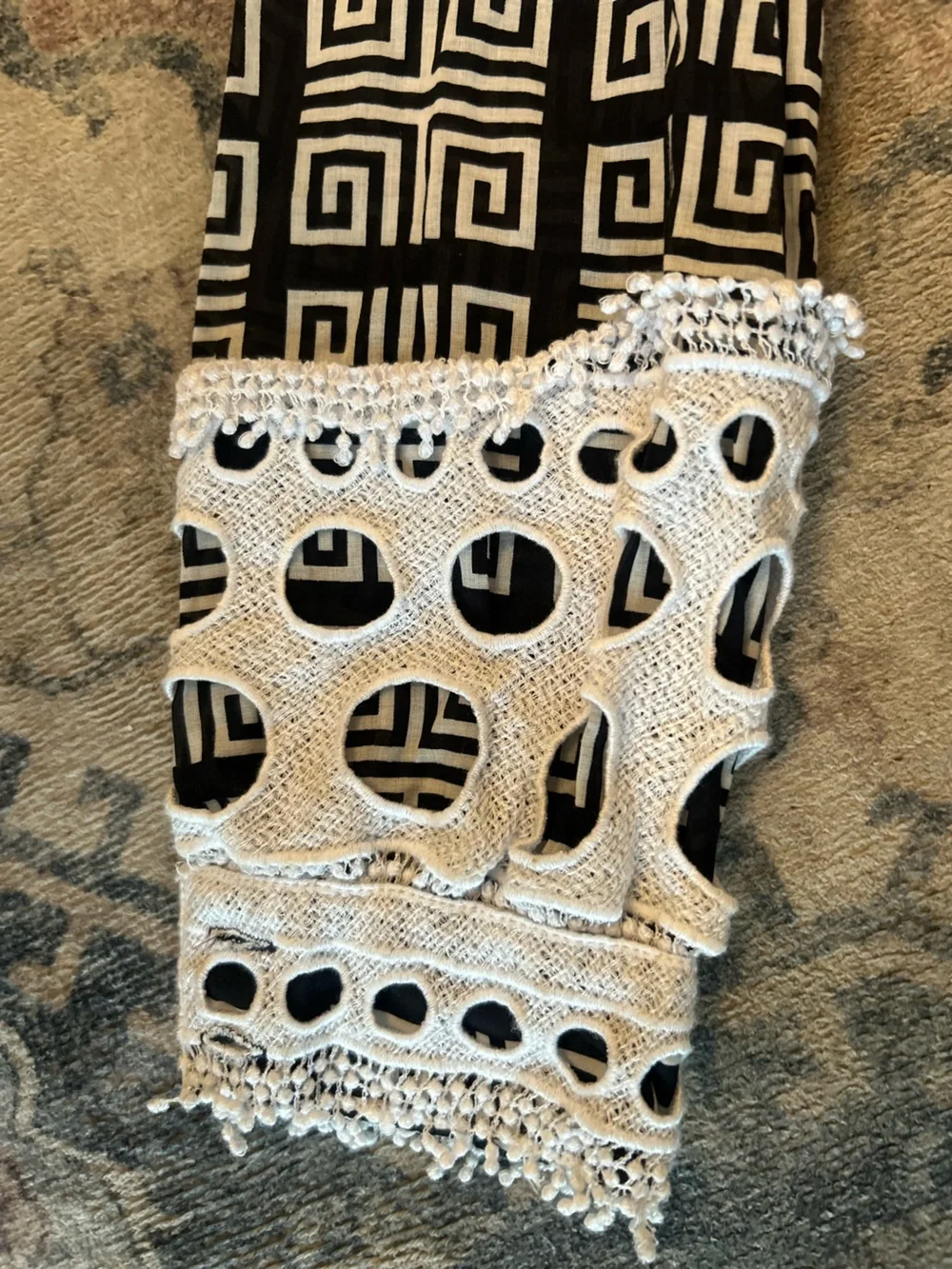 Tory Burch Derelia Black White Geometric Long-Sleeve Top Embroidered Yoke Cotton
